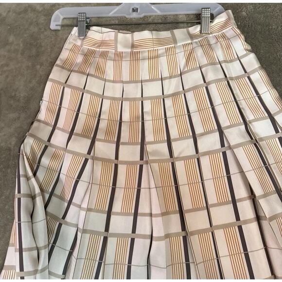 Lafayette 148 NY Silk Blend Brown Cream Geometric Pleated A-line Midi Skirt Sz 2 - Picture 6 of 7